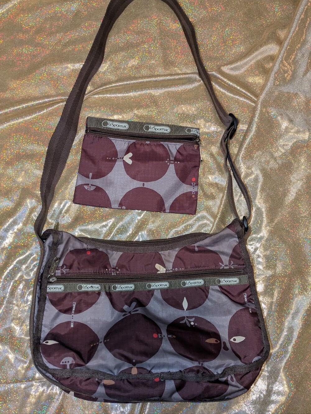 LeSportsac Crossbody Bag in Plum Circle Print With Matching pouch, like new